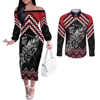 New Zealand Christmas Taniko Poutama Couples Matching Off The Shoulder Long Sleeve Dress and Long Sleeve Button Shirt Mountainscape Maori Fern LT7 Black - Polynesian Pride