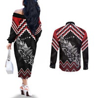 New Zealand Christmas Taniko Poutama Couples Matching Off The Shoulder Long Sleeve Dress and Long Sleeve Button Shirt Mountainscape Maori Fern LT7 - Polynesian Pride
