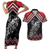 New Zealand Christmas Taniko Poutama Couples Matching Short Sleeve Bodycon Dress and Hawaiian Shirt Mountainscape Maori Fern LT7 Black - Polynesian Pride