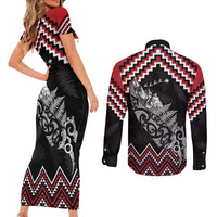New Zealand Christmas Taniko Poutama Couples Matching Short Sleeve Bodycon Dress and Long Sleeve Button Shirt Mountainscape Maori Fern LT7 - Polynesian Pride