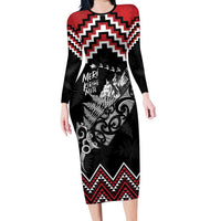 New Zealand Christmas Taniko Poutama Family Matching Long Sleeve Bodycon Dress and Hawaiian Shirt Mountainscape Maori Fern LT7 Mom's Dress Black - Polynesian Pride