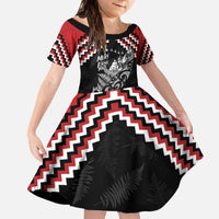 New Zealand Christmas Taniko Poutama Family Matching Off The Shoulder Long Sleeve Dress and Hawaiian Shirt Mountainscape Maori Fern LT7 Daughter's Dress Black - Polynesian Pride
