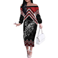 New Zealand Christmas Taniko Poutama Family Matching Off The Shoulder Long Sleeve Dress and Hawaiian Shirt Mountainscape Maori Fern LT7 Mom's Dress Black - Polynesian Pride