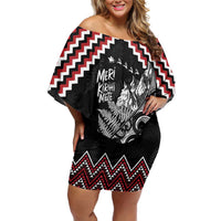 New Zealand Christmas Taniko Poutama Family Matching Off Shoulder Short Dress and Hawaiian Shirt Mountainscape Maori Fern LT7 Mom's Dress Black - Polynesian Pride