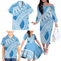 Bula Fiji Classic Masi Tapa Family Matching Off The Shoulder Long Sleeve Dress and Hawaiian Shirt Turquoise LT7 - Polynesian Pride