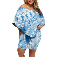 Bula Fiji Classic Masi Tapa Family Matching Off Shoulder Short Dress and Hawaiian Shirt Turquoise LT7 Mom's Dress Turquoise - Polynesian Pride
