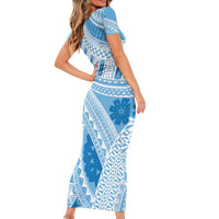 Bula Fiji Classic Masi Tapa Family Matching Short Sleeve Bodycon Dress and Hawaiian Shirt Turquoise LT7 - Polynesian Pride