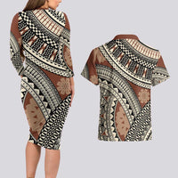 Bula Fiji Classic Masi Tapa Couples Matching Long Sleeve Bodycon Dress and Hawaiian Shirt Vintage Brown LT7 - Polynesian Pride