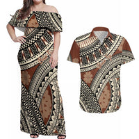 Bula Fiji Classic Masi Tapa Couples Matching Off Shoulder Maxi Dress and Hawaiian Shirt Vintage Brown - Polynesian Pride