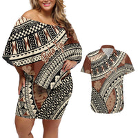 Bula Fiji Classic Masi Tapa Couples Matching Off Shoulder Short Dress and Hawaiian Shirt Vintage Brown - Polynesian Pride