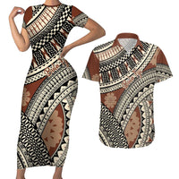 Bula Fiji Classic Masi Tapa Couples Matching Short Sleeve Bodycon Dress and Hawaiian Shirt Vintage Brown LT7 Brown - Polynesian Pride