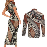 Bula Fiji Classic Masi Tapa Couples Matching Short Sleeve Bodycon Dress and Long Sleeve Button Shirt Vintage Brown - Polynesian Pride