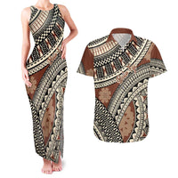 Bula Fiji Classic Masi Tapa Couples Matching Tank Maxi Dress and Hawaiian Shirt Vintage Brown - Polynesian Pride
