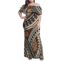 Bula Fiji Classic Masi Tapa Family Matching Off Shoulder Maxi Dress and Hawaiian Shirt Vintage Brown LT7 Mom's Dress Brown - Polynesian Pride