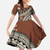 Bula Fiji Classic Masi Tapa Family Matching Tank Maxi Dress and Hawaiian Shirt Vintage Brown LT7 Daughter's Dress Brown - Polynesian Pride