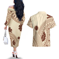 Bula Fiji Classic Masi Tapa Couples Matching Off The Shoulder Long Sleeve Dress and Hawaiian Shirt Vintage Beige LT7 - Polynesian Pride