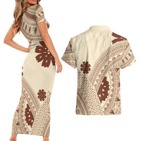 Bula Fiji Classic Masi Tapa Couples Matching Short Sleeve Bodycon Dress and Hawaiian Shirt Vintage Beige LT7 - Polynesian Pride