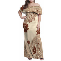 Bula Fiji Classic Masi Tapa Family Matching Off Shoulder Maxi Dress and Hawaiian Shirt Vintage Beige LT7 Mom's Dress Beige - Polynesian Pride