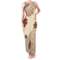 Bula Fiji Classic Masi Tapa Family Matching Tank Maxi Dress and Hawaiian Shirt Vintage Beige LT7 Mom's Dress Beige - Polynesian Pride
