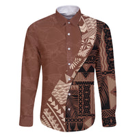 Bula Fiji Family Matching Summer Maxi Dress and Hawaiian Shirt Tribal Masi Tapa - Brown LT7 Dad's Shirt - Long Sleeve Brown - Polynesian Pride