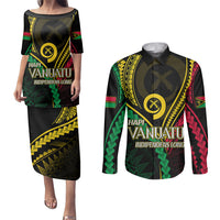 Personalised Vanuatu Couples Matching Puletasi Dress and Long Sleeve Button Shirts 43rd Hapi Indipendens Long LT7 Black - Polynesian Pride