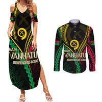 Personalised Vanuatu Couples Matching Summer Maxi Dress and Long Sleeve Button Shirts 43rd Hapi Indipendens Long LT7 Black - Polynesian Pride