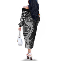 Fiji Rugby Personalised Bula Masi Family Matching Off The Shoulder Long Sleeve Dress and Hawaiian Shirt Fish Tail Kaivity Cibi - Black LT7 - Polynesian Pride