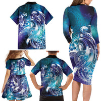 Aloha Hawaii Turtle Family Matching Long Sleeve Bodycon Dress and Hawaiian Shirt Teal Purple Ribbon LT7 - Polynesian Pride