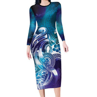 Aloha Hawaii Turtle Family Matching Long Sleeve Bodycon Dress and Hawaiian Shirt Teal Purple Ribbon LT7 Mom's Dress Purple Teal - Polynesian Pride