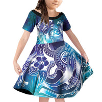 Aloha Hawaii Turtle Family Matching Off Shoulder Short Dress and Hawaiian Shirt Teal Purple Ribbon LT7 Daughter's Dress Purple Teal - Polynesian Pride