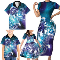 Aloha Hawaii Turtle Family Matching Short Sleeve Bodycon Dress and Hawaiian Shirt Teal Purple Ribbon LT7 - Polynesian Pride