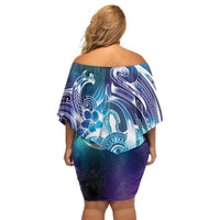 Aloha Hawaii Turtle Off Shoulder Short Dress Teal Purple Ribbon LT7 - Polynesian Pride