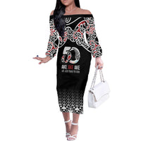 Kia Kaha Te Reo Maori Family Matching Off The Shoulder Long Sleeve Dress and Hawaiian Shirt 50 Years Mo Ake Tonu Te Reo LT7 Mom's Dress Black - Polynesian Pride