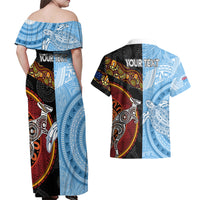 Personalised Fiji and Australia Couples Matching Off Shoulder Maxi Dress and Hawaiian Shirt Masi Patterns Mix Aboriginal Art LT7 - Polynesian Pride