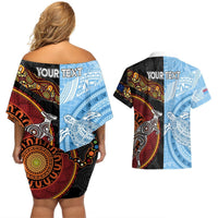 Personalised Fiji and Australia Couples Matching Off Shoulder Short Dress and Hawaiian Shirt Masi Patterns Mix Aboriginal Art LT7 - Polynesian Pride