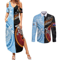Personalised Fiji and Australia Couples Matching Summer Maxi Dress and Long Sleeve Button Shirts Masi Patterns Mix Aboriginal Art LT7 Colorful - Polynesian Pride