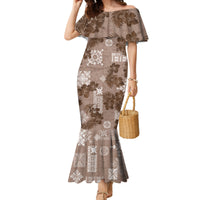 Vintage Hawaii Family Matching Mermaid Dress and Hawaiian Shirt Hibiscus Mix Hawaiian Quilt Patches - Brown LT7 Mom's Dress Brown - Polynesian Pride