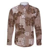 Vintage Hawaii Family Matching Off Shoulder Long Sleeve Dress and Hawaiian Shirt Hibiscus Mix Hawaiian Quilt Patches - Brown LT7 Dad's Shirt - Long Sleeve Brown - Polynesian Pride