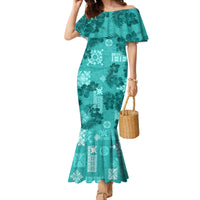 Vintage Hawaii Family Matching Mermaid Dress and Hawaiian Shirt Hibiscus Mix Hawaiian Quilt Patches - Teal LT7 Mom's Dress Teal - Polynesian Pride
