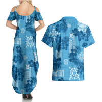 Hawaii Tapa Couples Matching Summer Maxi Dress and Hawaiian Shirt Hibiscus Mix Hawaiian Quilt Patches - Blue LT7 - Polynesian Pride