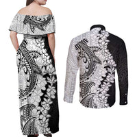 Polynesian Plumeria Lei Couples Matching Off Shoulder Maxi Dress and Long Sleeve Button Shirt with Hammerhead Shark