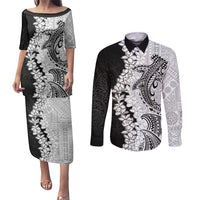 Polynesian Plumeria Lei Couples Matching Puletasi and Long Sleeve Button Shirt with Hammerhead Shark