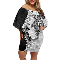 Polynesian Plumeria Lei Family Matching Off Shoulder Short Dress and Hawaiian Shirt with Hammerhead Shark LT7 Mom's Dress Black - Polynesian Pride