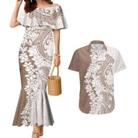 Polynesian Beige Plumeria Lei Couples Matching Mermaid Dress and Hawaiian Shirt with Hammerhead Shark