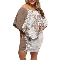 Polynesian Beige Plumeria Lei Family Matching Off Shoulder Short Dress and Hawaiian Shirt with Hammerhead Shark LT7 Mom's Dress Beige - Polynesian Pride
