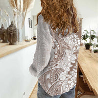 Polynesian Beige Plumeria Lei Women Casual Shirt with Hammerhead Shark