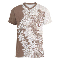 Polynesian Beige Plumeria Lei Women V-Neck T-Shirt with Hammerhead Shark