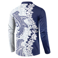Polynesian Navy Blue Plumeria Lei Button Sweatshirt with Hammerhead Shark