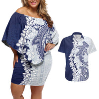 Polynesian Navy Blue Plumeria Lei Couples Matching Off Shoulder Short Dress and Hawaiian Shirt with Hammerhead Shark