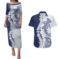 Polynesian Navy Blue Plumeria Lei Couples Matching Puletasi and Hawaiian Shirt with Hammerhead Shark